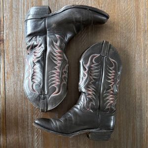 Vintage Nocona Men's Black Cherry Leather Western Boots Red Stitching Size 11E